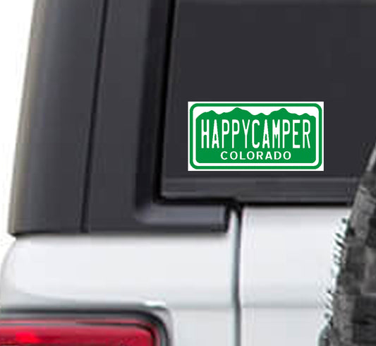 Colorado License Plate Happy Camper Vinyl Sticker Decal - CO I love colorado camping glamper RV 5th wheel travel trailer stickers