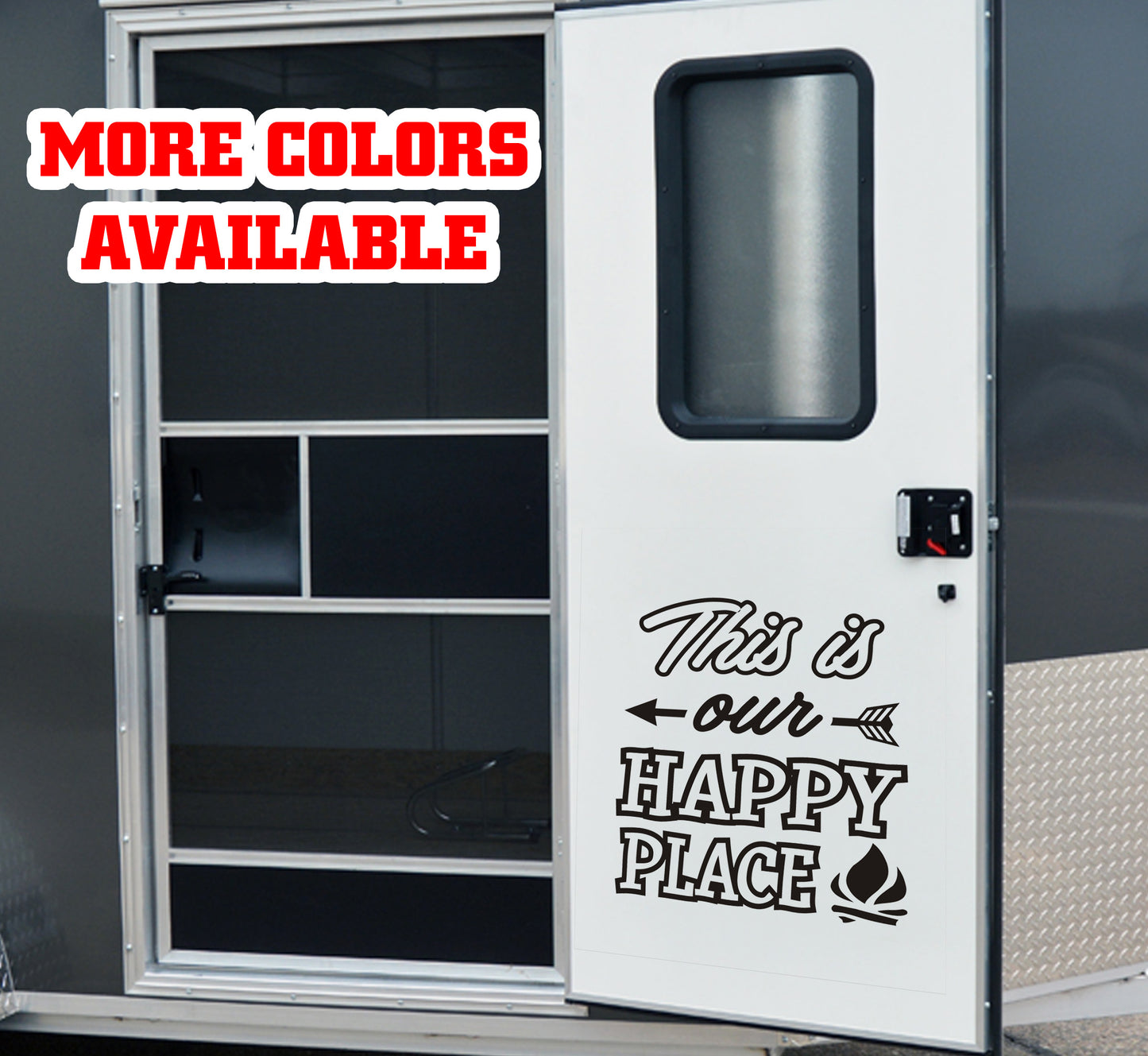 This is our Happy Place Camping Vinyl Sticker Decal Graphic | RV Slide Decal RV Door Decal Travel Trailer Camper