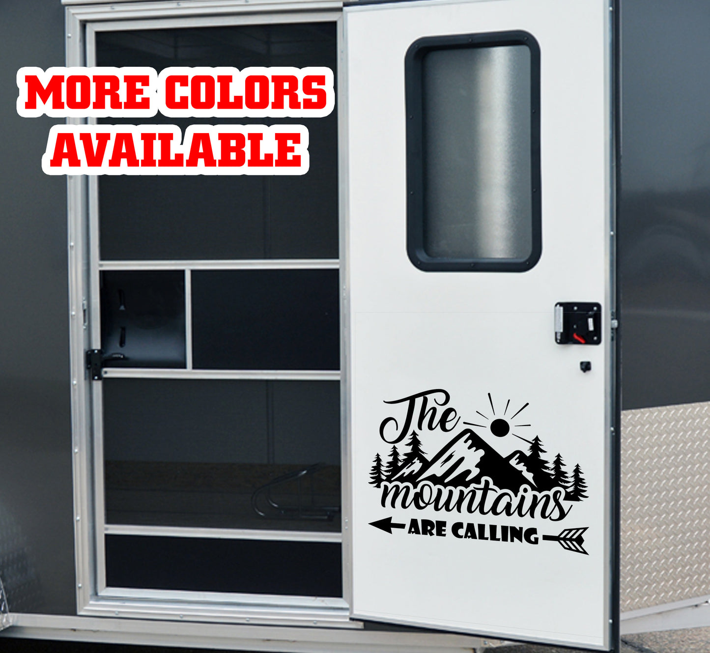 The mountains are calling camping Vinyl Sticker Decal Graphic | RV Slide Decal RV Door Decal Travel Trailer Camper Truck